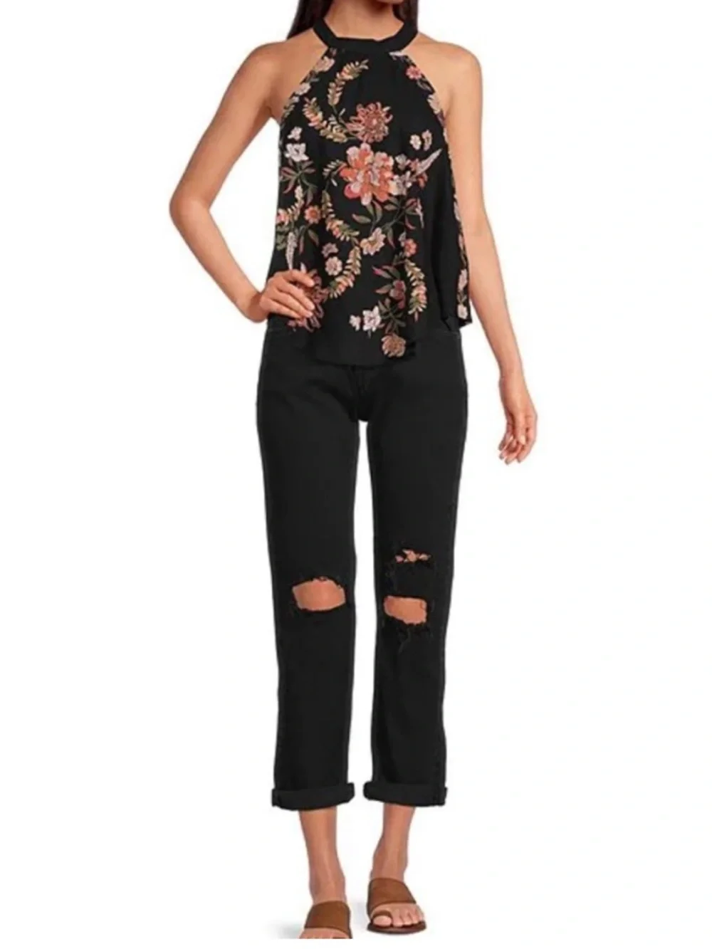 Free People Emily Black Floral Halter Women's Top size medium - Picture 4 of 9